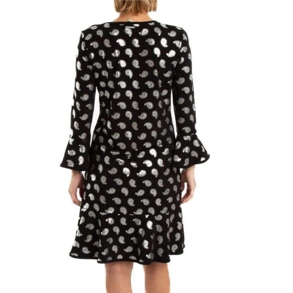 MICHAEL KORS Black/Silver Foil Paisley Flounce Shift Dress Bell Sleeves Size S
